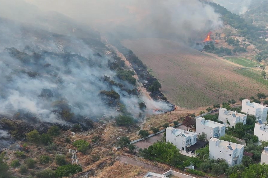 İzmir Dikili&rsquo;de otluk ve zeytinlik alanda &ccedil;ıkan yangına m&uuml;dahale s&uuml;r&uuml;yor